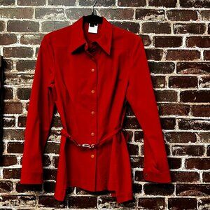 Simon Chang Red Belted Button-Down Top